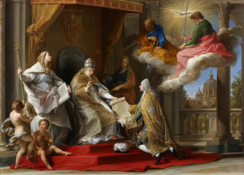 Papst Benedikt XIV. überreicht die Enzyklika Ex Omnibus dem Grafen von Stainville, später Herzog von Choiseul von Pompeo Batoni