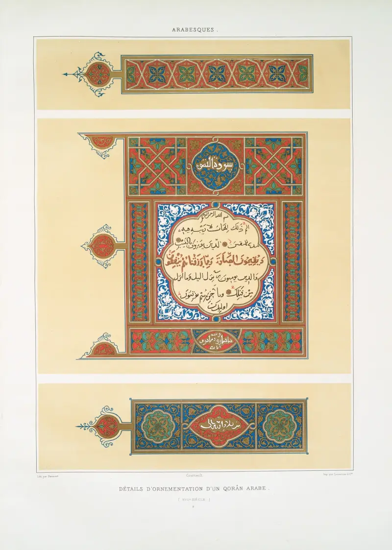 Arabeski; szczegóły ornamentacji arabskiego Koranu (XVII wiek); 2, Émile Prisse d'Avennes