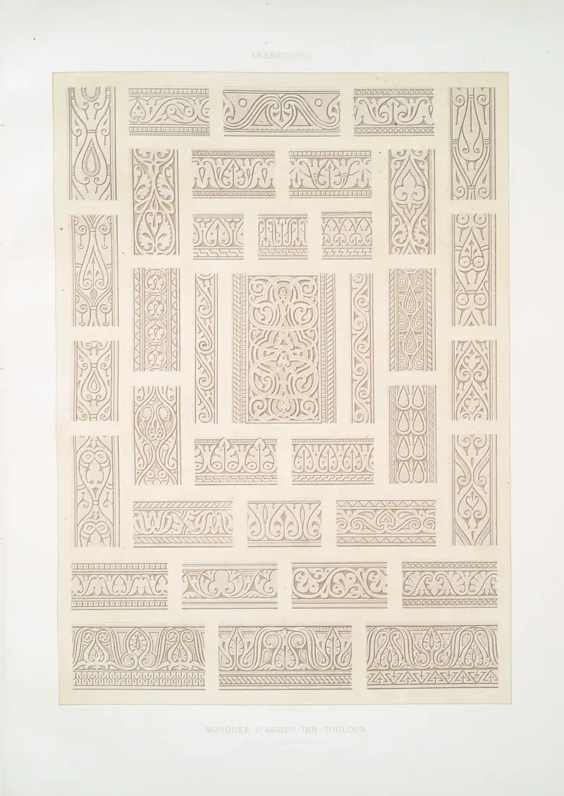 Arabesker; Ahmed ibn Tulun-moskén, dekorationsdetaljer (800-talet) av Émile Prisse d'Avennes