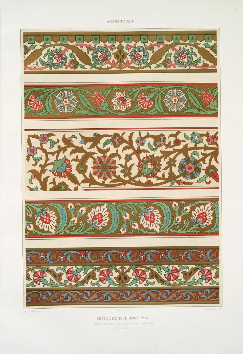 Arabeski; meczet El-Bordeyny; fryzy i bordiury z małych komnat (XVII w.), Émile Prisse d'Avennes