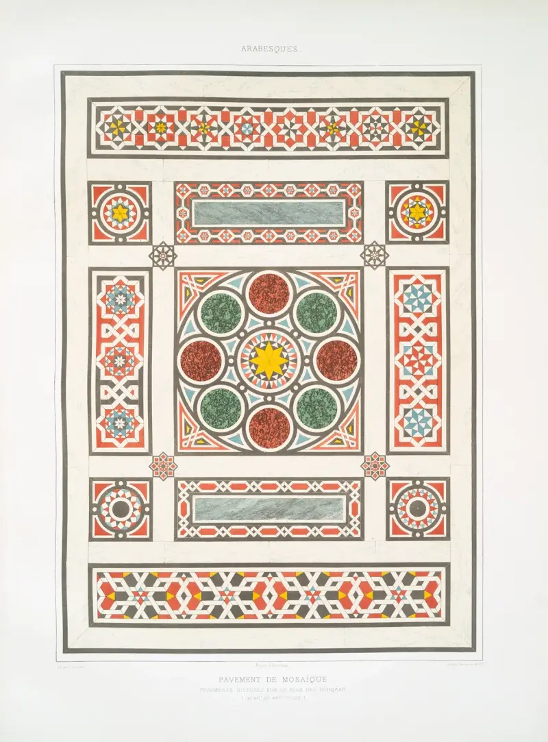 Arabesker; mosaikgolv, fragment arrangerade enligt dorqâah-planen (1500- till 1700-talet) av Émile Prisse d'Avennes