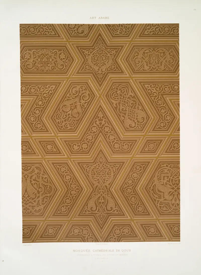 Kathedrale Moschee von Qous; Zusammenstellung und Details der Minbar-Teile (12. Jahrhundert); 1 von Émile Prisse d'Avennes
