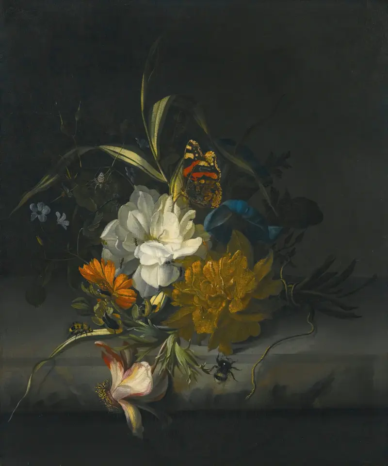Stilleben med ringblommor, blomman för dagen, en passionsblomma och andra blandade blommor, tillsammans med insekter på en stenhäll av Rachel Ruysch