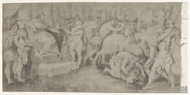 En hvid tyr ofres foran en hersker av Raphael