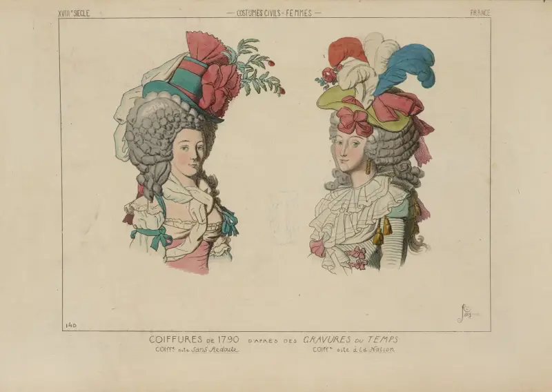 Frisyrer från 1790. Efter samtida gravyrer. Frisyr kallad sans redoute. Frisyr kallad à la nation. av Raphaël Jacquemin