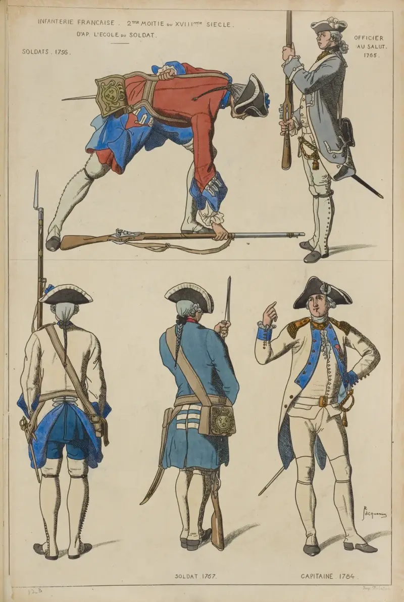 Infanterie Francaise, 2me moitie du XVIIIme siecle. Soldats. 1756. Officier au salut. 1765. Soldat. 1767. Capitaine. 1784. av Raphaël Jacquemin