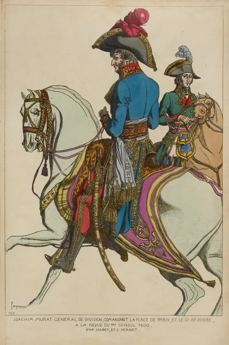 Joachim Murat general de division, comandant la place de Paris, et le Gl. Bessiere, a la revue du 1er consul 1800 av Raphaël Jacquemin