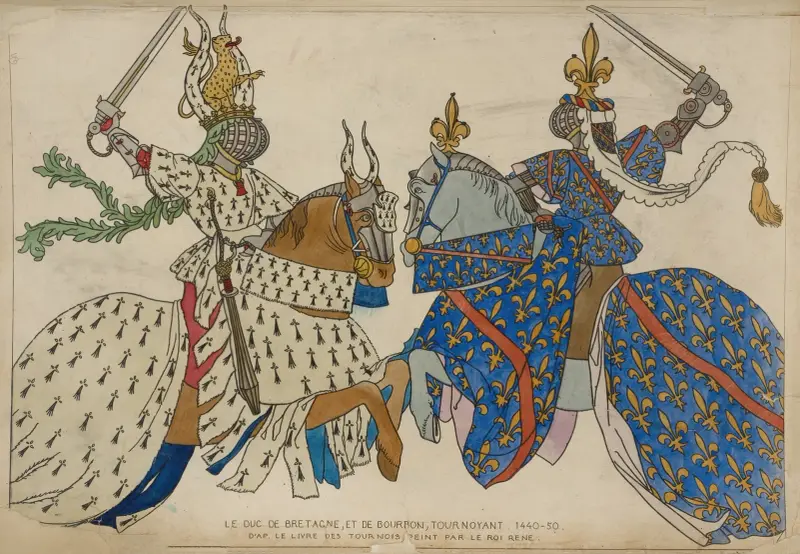 Hertigen av Bretagne och hertigen av Bourbon vid tornerspel 1440–50. Efter Turneringarnas bok, målad av kung René. av Raphaël Jacquemin