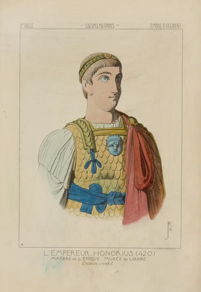 Kejsar Honorius (420), marmor från epoken. Louvren. Opublicerad teckning av Raphaël Jacquemin