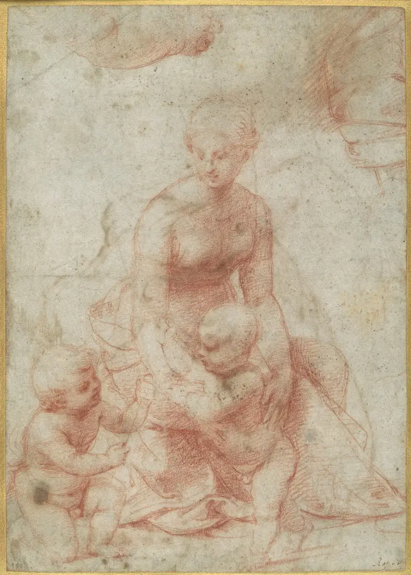 Madonnan med barnet och den unge Johannes döparen; upptill vänster, studie av den unge Johannes högra arm; upptill höger, draperistudier (cirka 1506–7) av Raphael