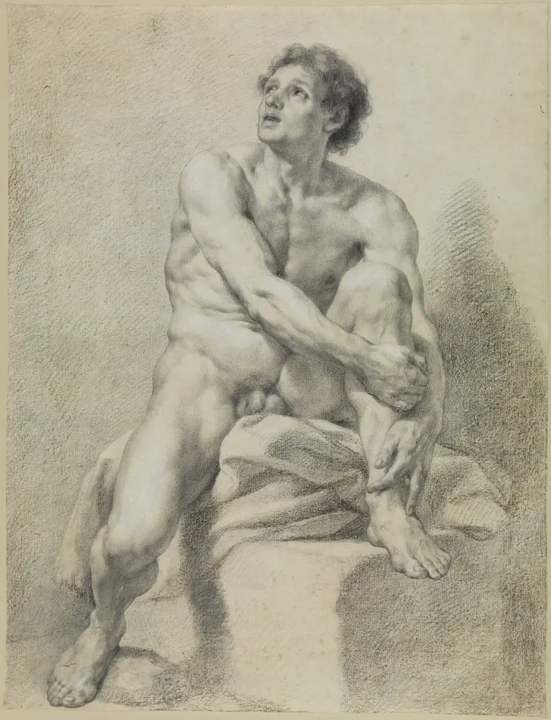 Sitzender männlicher Akt, etwa frontal, das linke Bein hochgestellt und mit beiden Händen gehalten von Anton Raphael Mengs