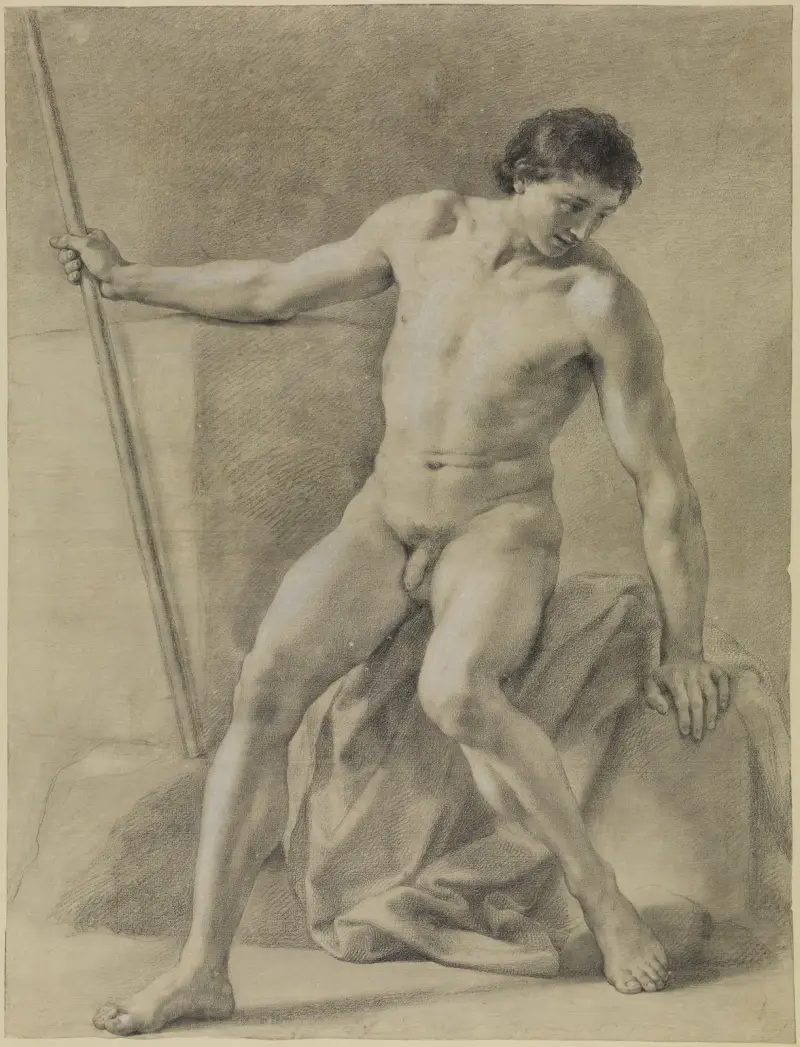 Sittande manlig akt, nästan frontal, med stav i höger hand, blickande nedåt av Anton Raphael Mengs