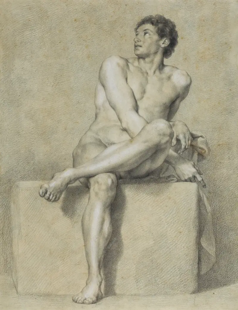 Sittande manlig akt, frontal, vänstra benet över det högra, blickande uppåt av Anton Raphael Mengs
