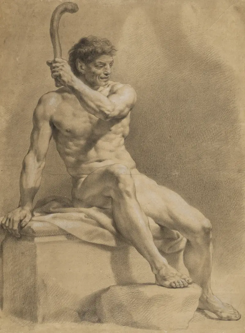 Sittande manlig akt, snett åt höger, lyftande en liten klubba med vänster hand av Anton Raphael Mengs