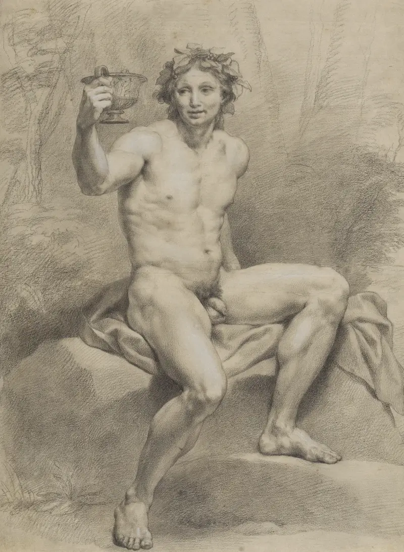 Sittande manlig akt, snett åt höger, med vinlövskrans och dryckesskål i höger hand av Anton Raphael Mengs