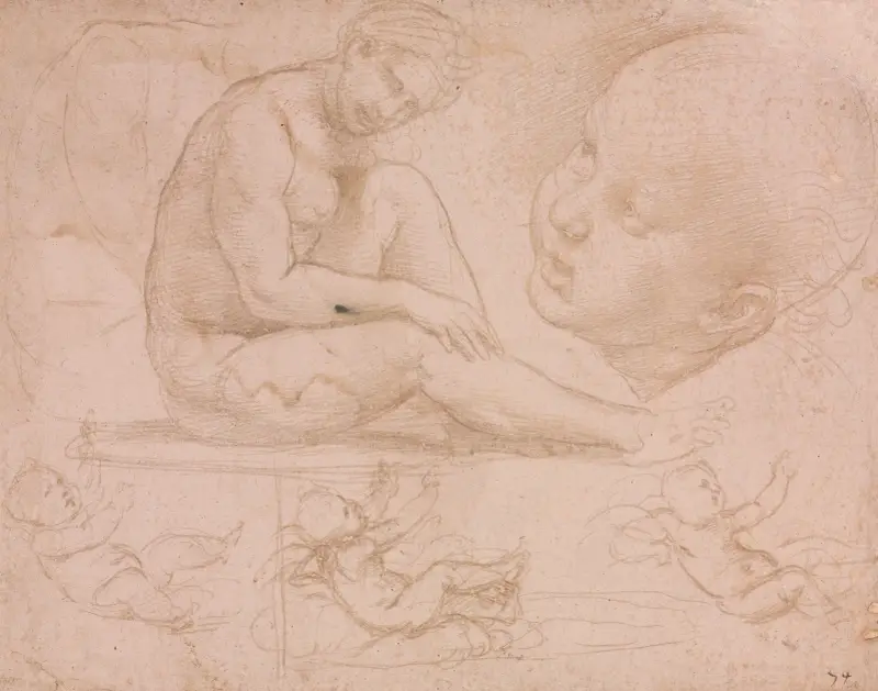 Studier av en sittande kvinna, barnhuvud och tre studier av ett barn (ca 1507–1508) av Raphael