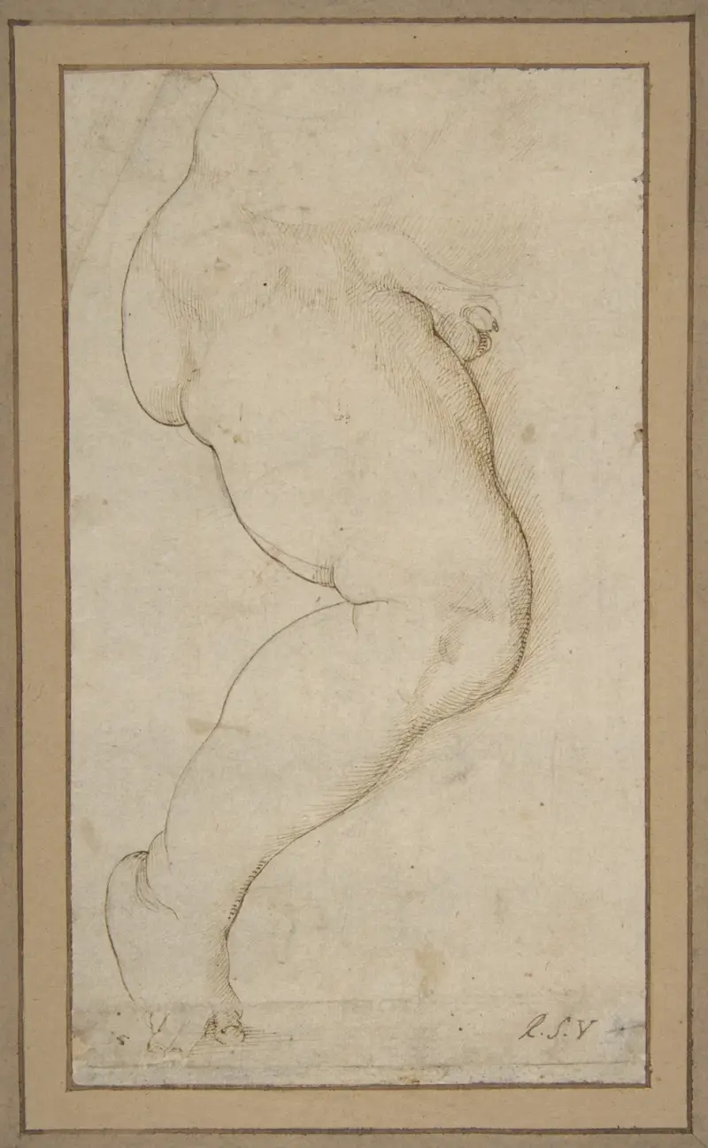 Studie av en pojkes högra ben av Raphael