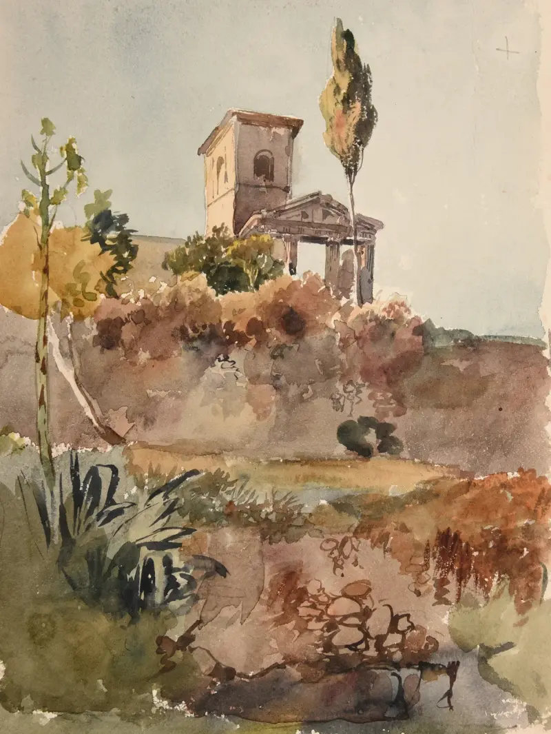 Trädgård och kyrka med antik portik av Jacques-Raymond Brascassat