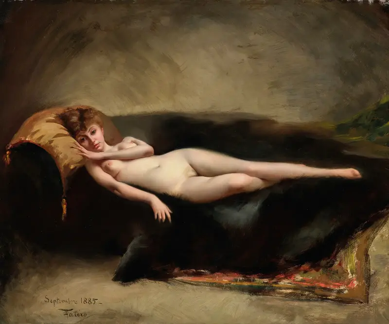 Liggande naken kvinna på en divan av Luis Ricardo Falero