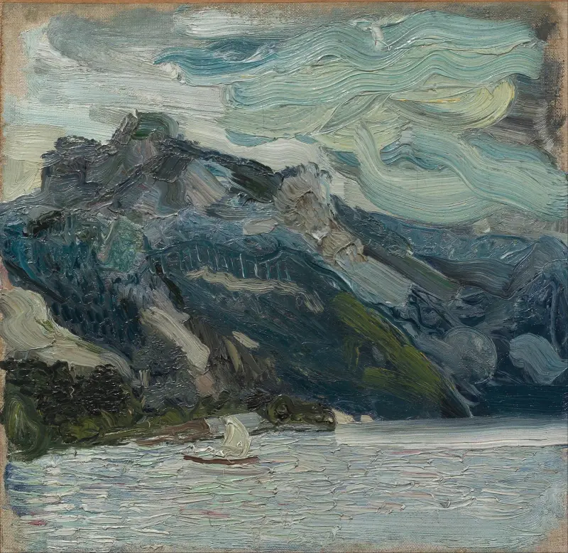 Traunsjön med bergen och en sovande grekisk kvinna av Richard Gerstl
