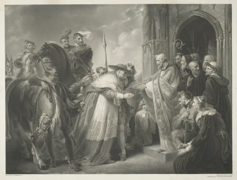 Henryk VIII, akt IV, scena II, opactwo Leicester. Wolsey, Northumberland i świta, opat Leicester, Richard Westall