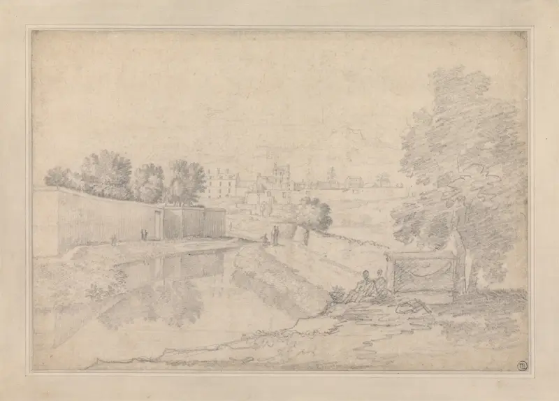 Italienskt landskap med en flod som rinner mellan en hög mur till vänster och en hög strand till höger mot en liten stad, med figurer på stränderna av Richard Wilson