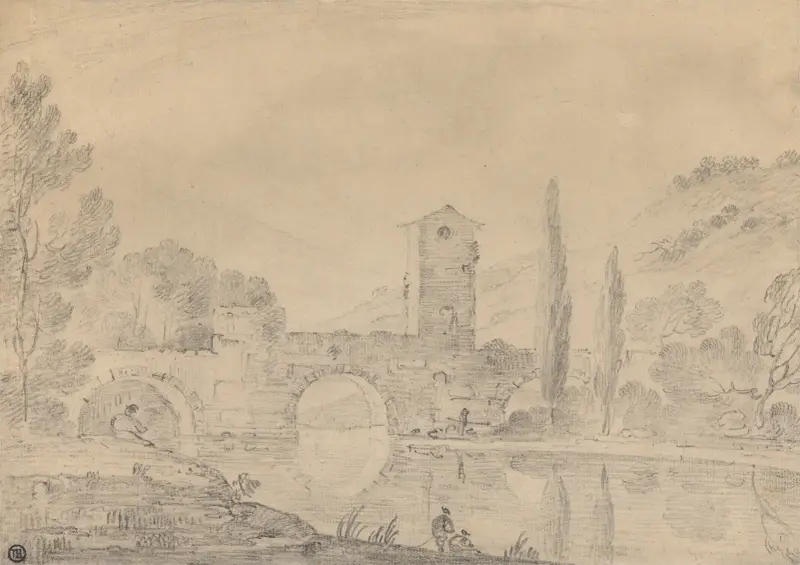 Italienische Landschaft mit dreibogiger Brücke, Brückenhaus, Figuren am nahen Ufer und Pappeln am gegenüberliegenden Ufer von Richard Wilson