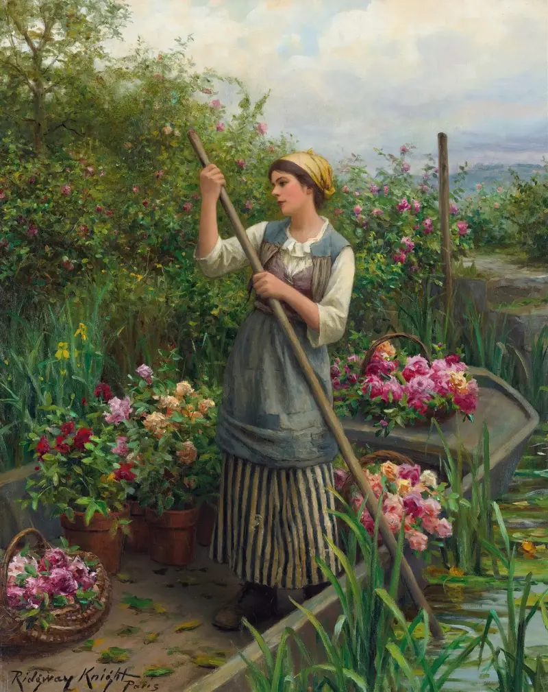 Blomsterplockning längs floden av Daniel Ridgway Knight
