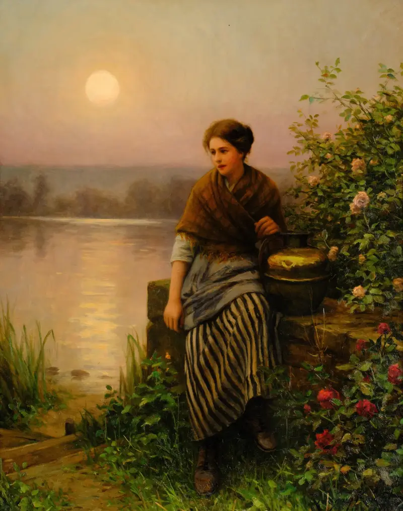 Gathering Roses at Dusk av Daniel Ridgway Knight