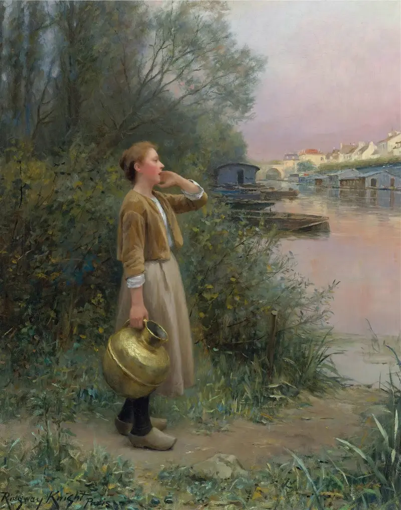 Flicka med vattenkruka av Daniel Ridgway Knight