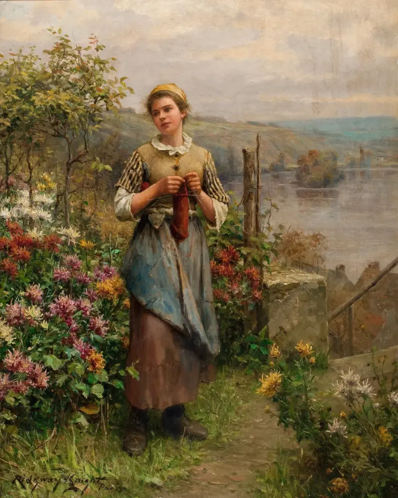 Ung kvinna som stickar av Daniel Ridgway Knight