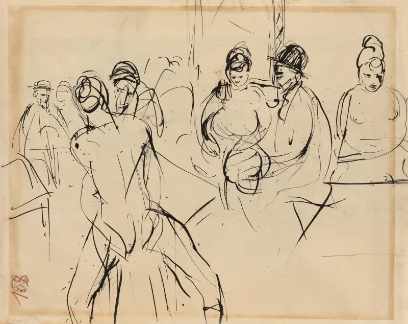 James Ensor, Willem Paerels och Auguste Oleffe på en bordell i Antwerpen efter en vernissage på Kunst van Heden av Rik Wouters