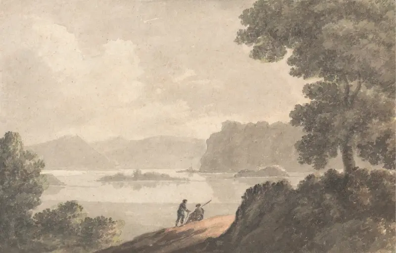 Figuren in einer romantischen Seenlandschaft von Robert Adam