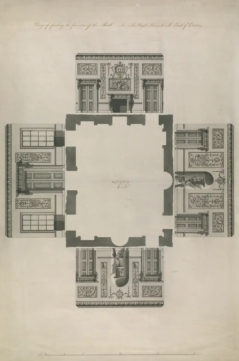 Headfort House, Irland: elevationer av fronthallen av Robert Adam