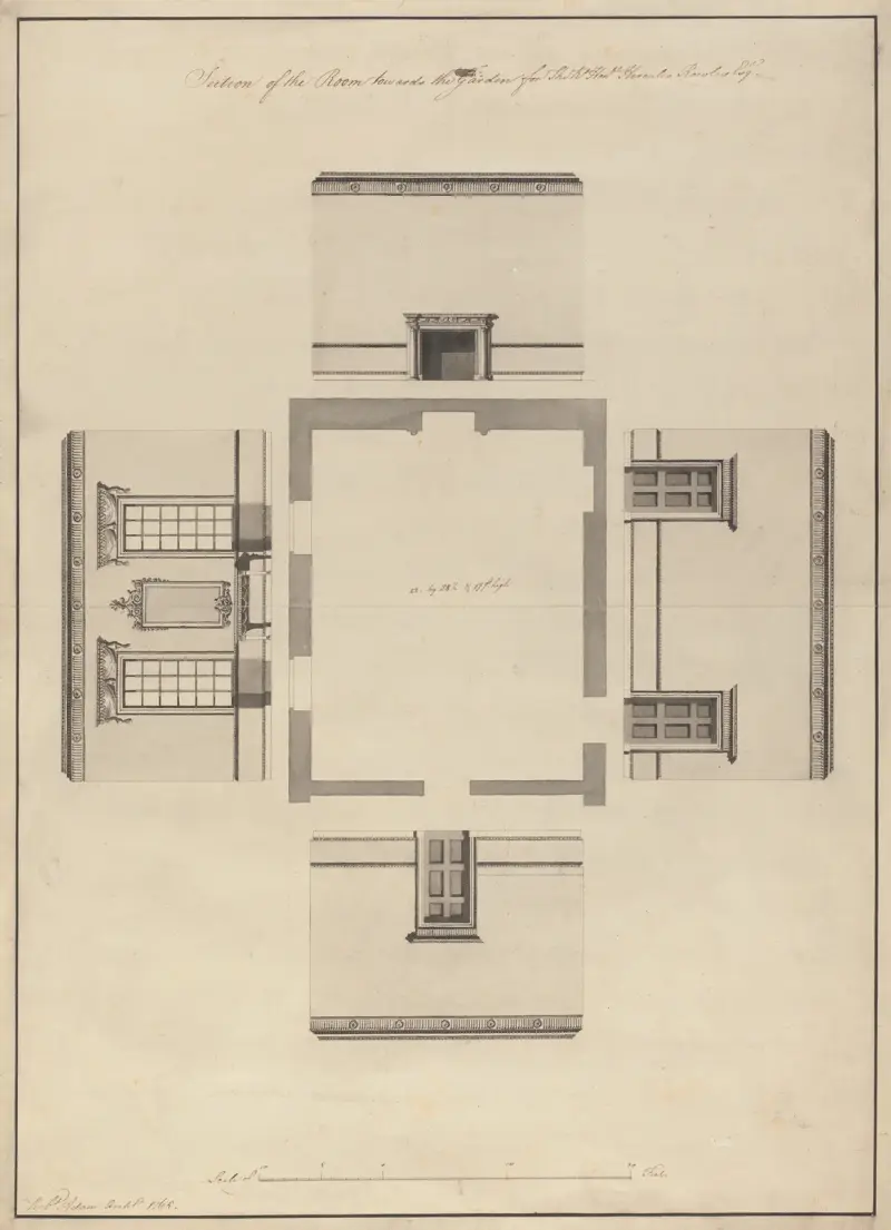 Langford House, Dublin, Irland: elevationer av rummet mot trädgården av Robert Adam