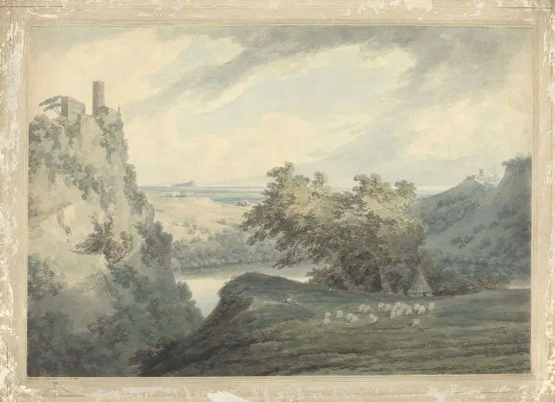 Italienskt bergslandskap med sjön Nemi av John Robert Cozens