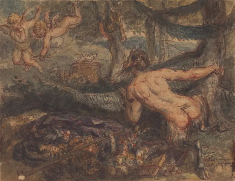 Pan, der hinter einem Baum Putten beim Pfeilschießen belauscht von Robert Smirke