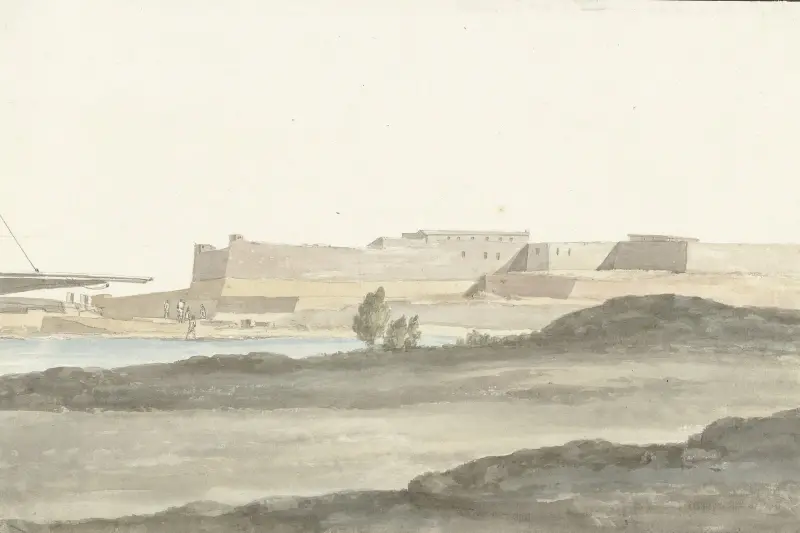 Vy över slottet i Barlettas hamn av Abraham-Louis-Rodolphe Ducros