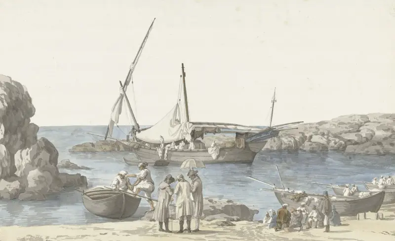 Gezicht op Tarente en haven van Luogo Vivo av Abraham-Louis-Rodolphe Ducros