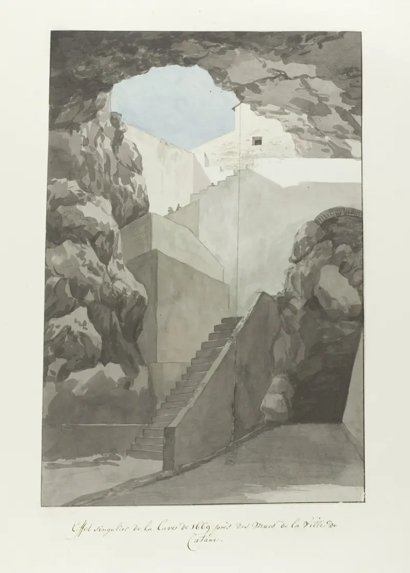 Bemerkenswerte Lavasteine aus dem Jahr 1669 an den Stadtmauern von Catania von Abraham-Louis-Rodolphe Ducros