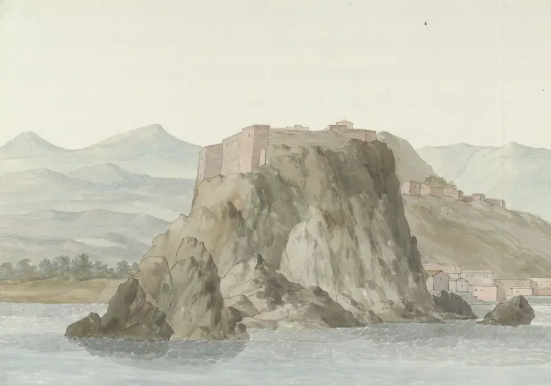 Klippan och staden Scilla i regionen Kalabrien sedd från havet på norra sidan av Abraham-Louis-Rodolphe Ducros