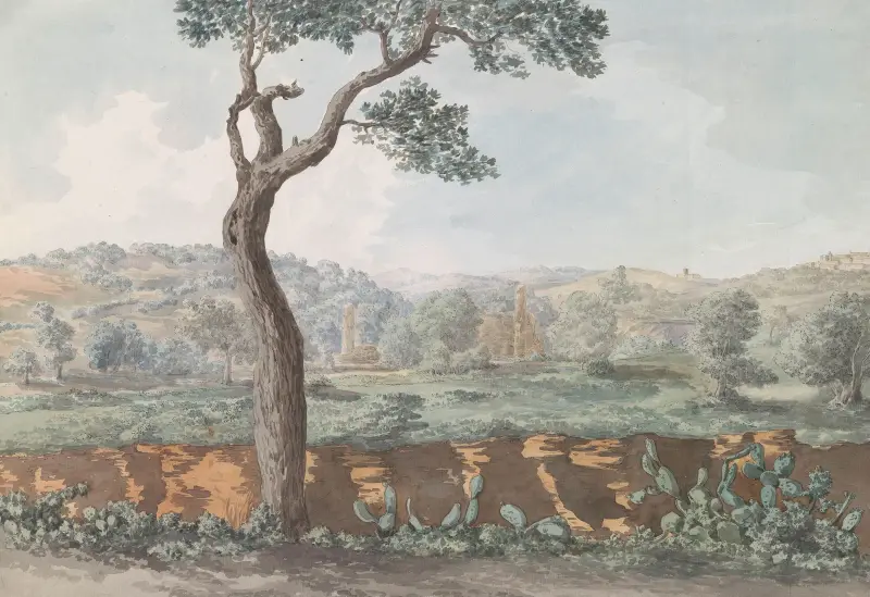 Ruine des Castor- und Pollux-Tempels innerhalb der Mauern des antiken Agrigent von Abraham-Louis-Rodolphe Ducros
