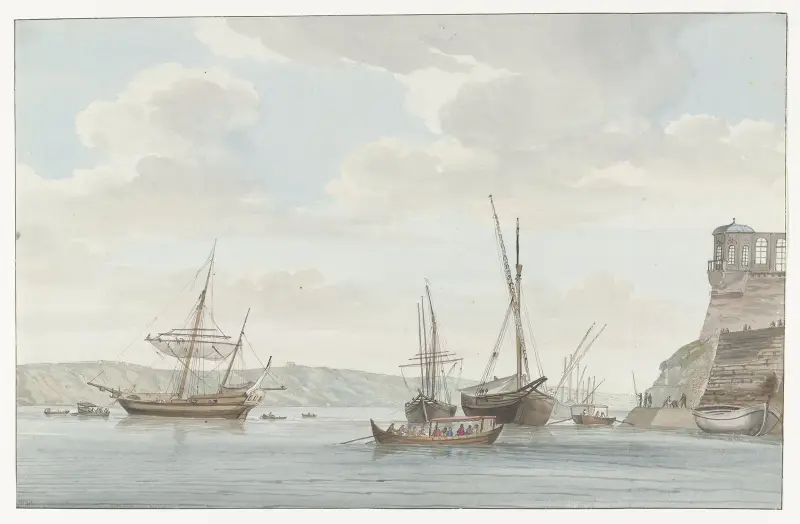 Trädgårdshuset i Jardin du Grand Maître som reser sig över hamnen med galärskepp på Malta av Abraham-Louis-Rodolphe Ducros