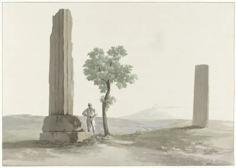 Två fragment av kolonner från Zeus Olympustempel på en halv mils avstånd från floden Anapus av Abraham-Louis-Rodolphe Ducros