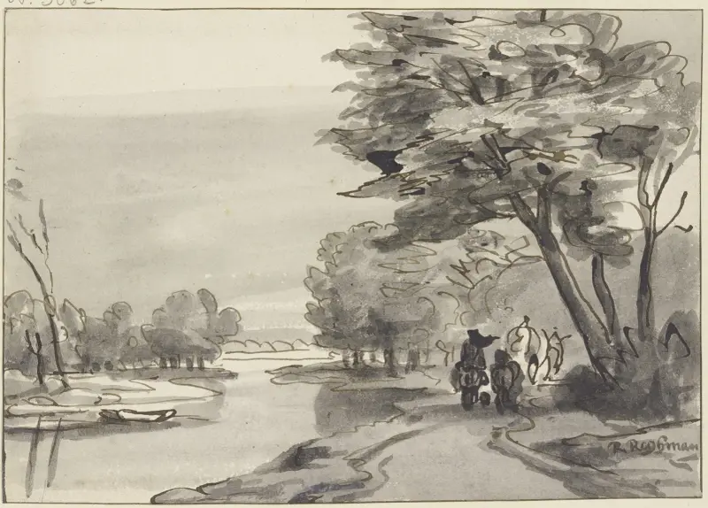 Flod med skogsbevuxen strand, till höger en vagn och ryttare av Roelant Roghman