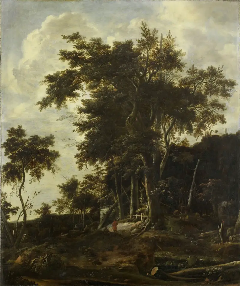 Skogslandskap med en skogshuggares skjul av Roelant Roghman