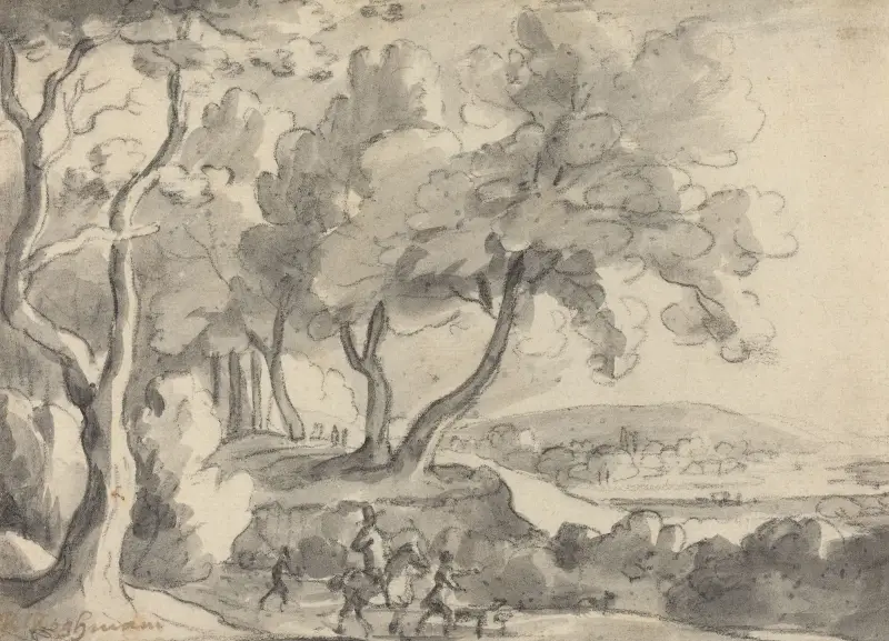 Reiter und Gefolge am Waldrand von Roelant Roghman