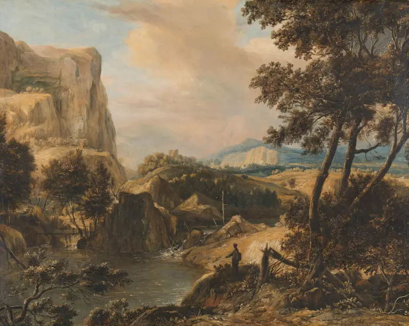 Bergslandskap med fiskare av Roelant Roghman
