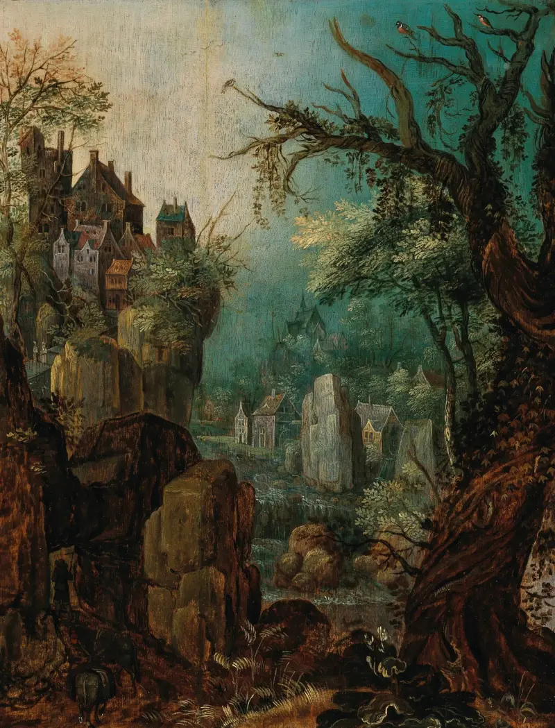 Bergslandskap med flod, en bonde som leder två åsnor, en by i bakgrunden av Roelant Savery