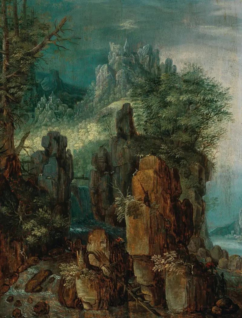 Bergslandskap med flod, figurer och getter, en by i bakgrunden av Roelant Savery